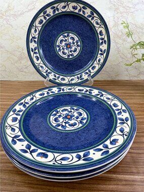 Vtg Pfaltzgraff Orleans Salad Plates Set of 4 Blue Floral Vine Stoneware 8"